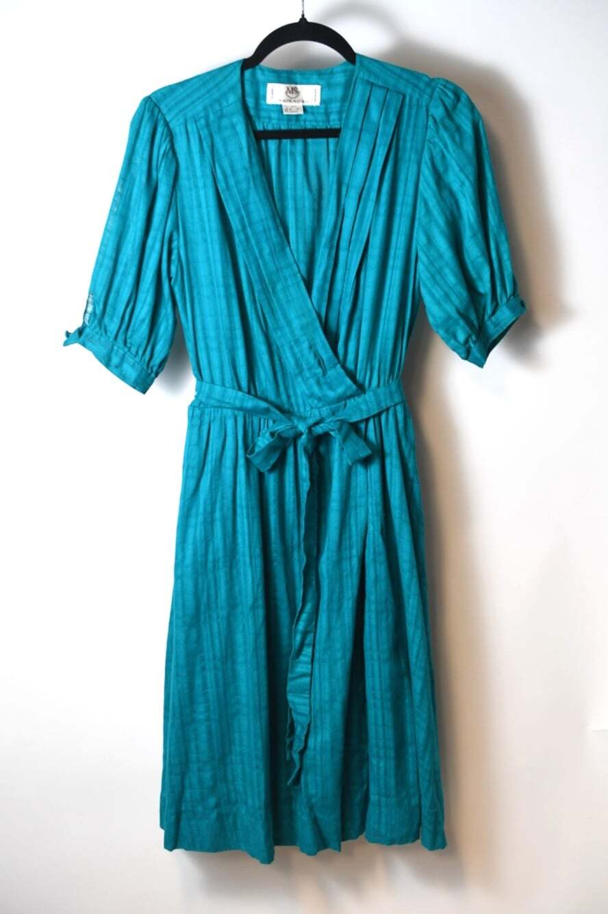 Vintage Malcolm Starr Teal Blue Plaid Wrap Dress Midi Puff Sleeve Flaw Size 8